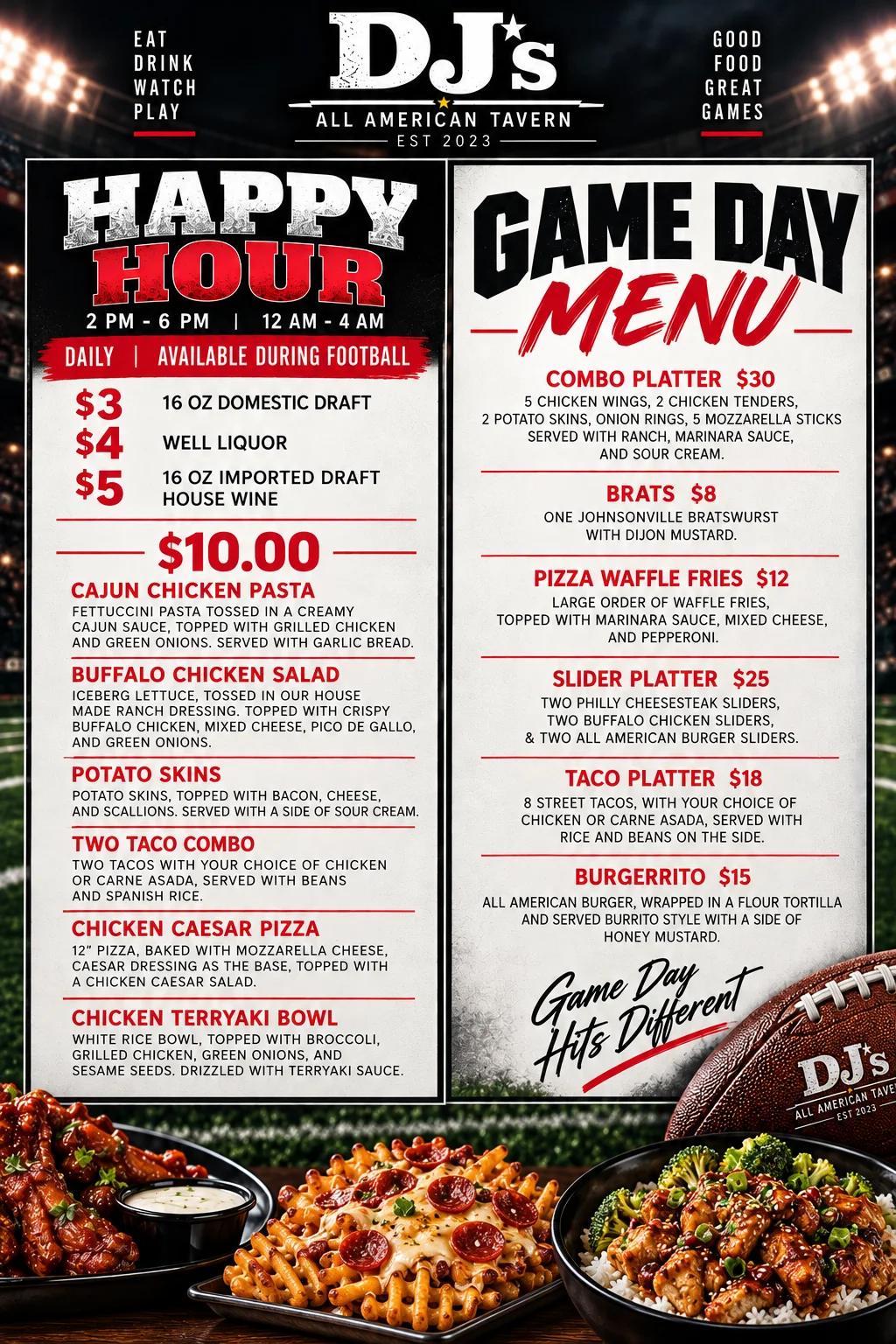 DJ's Happy Hour and Game Day menu with current prices and serving times